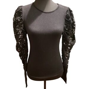 SHEIN Black Puff Sleeve Lace Statement Top‎ Women's Size S